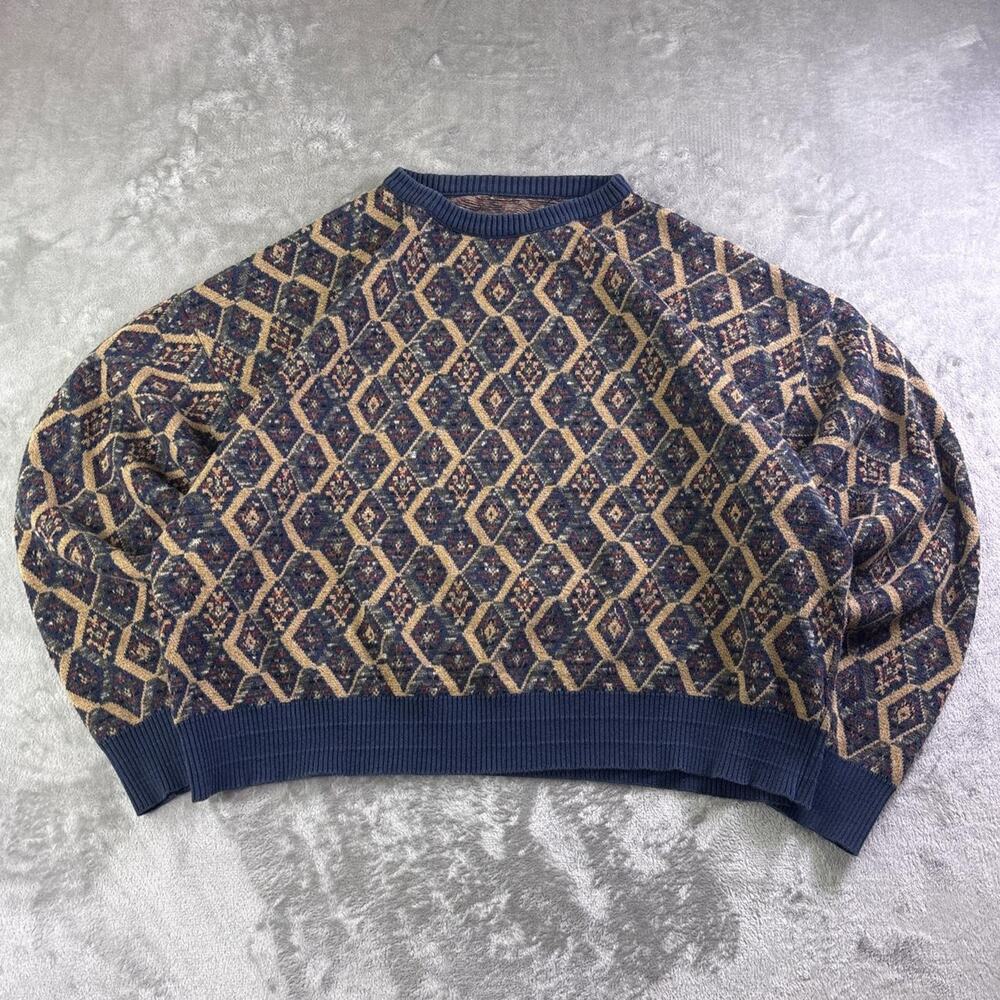 Vintage Womens Large-XL Oversized Geometric Knit Sweater Navy Tan Pullover